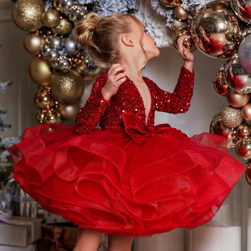 Vestido rojo con tutú de lentejuelas y cuello en V profundo (admite personalización de una pieza)