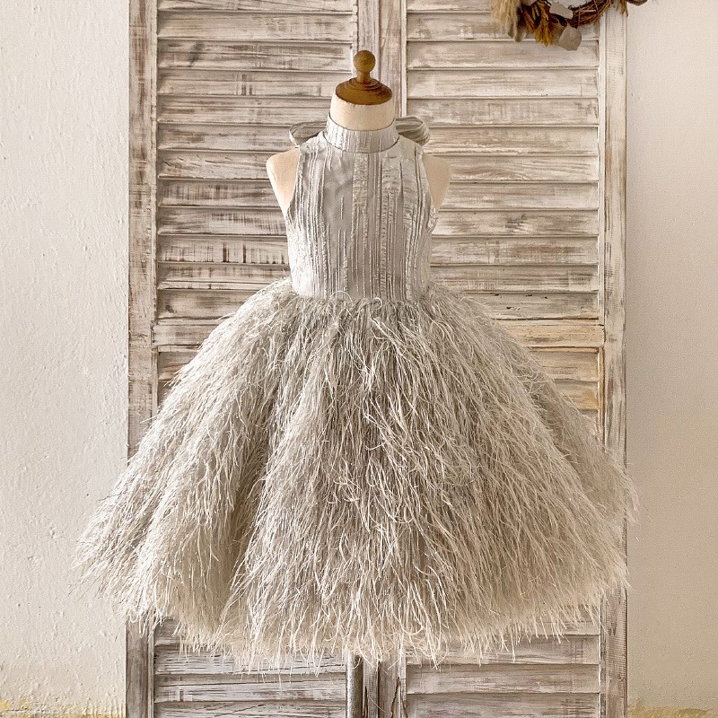 Vestido de princesa con lazo de plumas y brillo (admite personalización de una pieza)