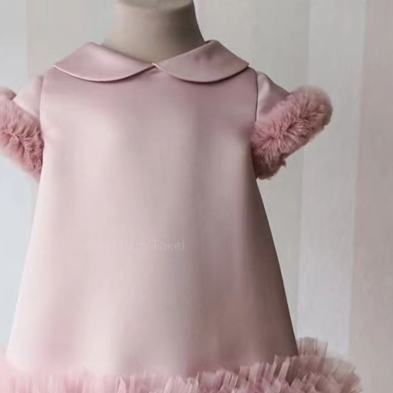 Vestido de manga corta de tul de seda rosa