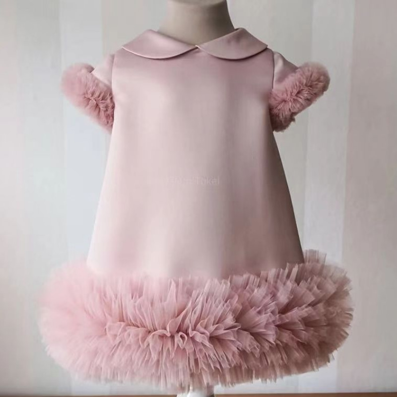 Vestido de manga corta de tul de seda rosa