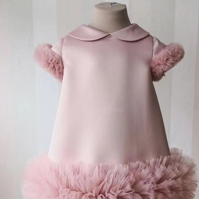 Vestido de manga corta de tul de seda rosa